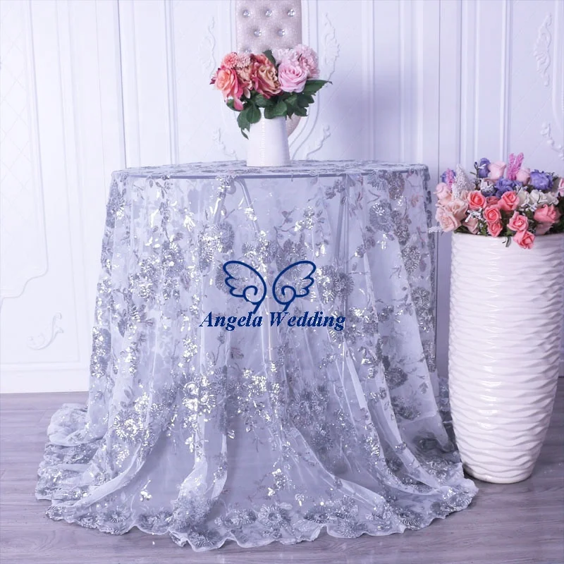 CL090C New design  beautiful 2019 gliter embroidery pattern floral sequin lace silver round or rectangle table cloth