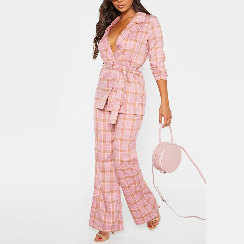 Spring Fall Plaid  Two Piece Set Long Sleeve Waist Tie  Blazer Ladies Flare Checked Pants Office  Woman