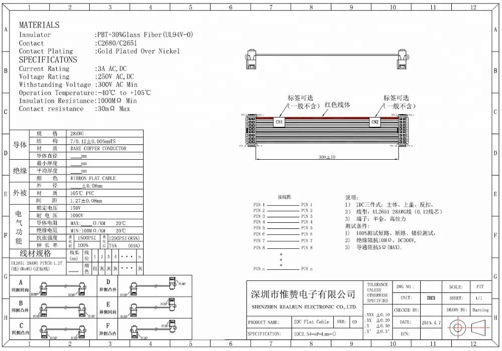 Customized connector 2.54mm IDC flat cable 28awg