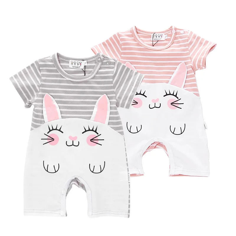 Petelulu Summer Babies Cartoon Romper Clothes Baby Boy Girl Stripes Cotton Jumpsuit Outfit Clothes With Animal Design Printing