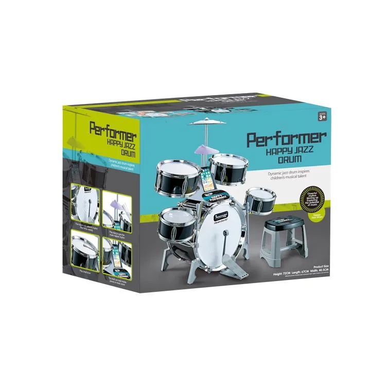
New pp materials Black Color 5pcs Drum Toy Performer Happy Jazz Drum Set With Stool For Kid Play Drum Musical Toys 