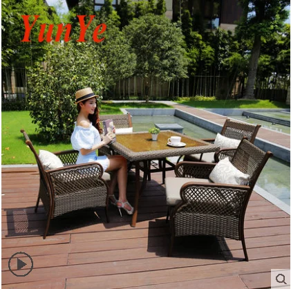 
American outdoor rattan furniture leisure balcony rattan chair five sets villa terrace garden courtyard dining tables and chairs 