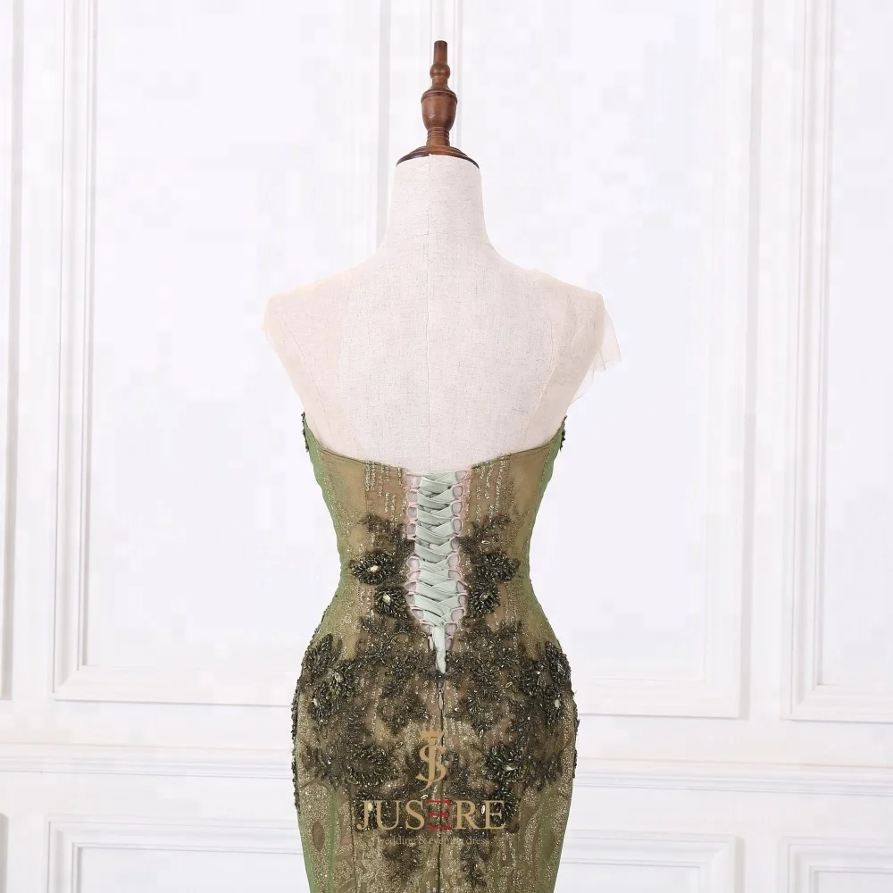 Green Mermaid Embroidered Plunging Neckline Sweetheart  Women muslin Evening Dress Prom Gown