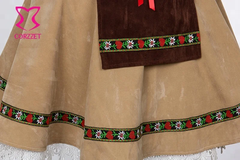 Corzzet Modern Apricot Deutsch Traditional Dirndl with Offer Shoulder Classic Oktoberfest Maid Costume Halloween Cosplay Uniform