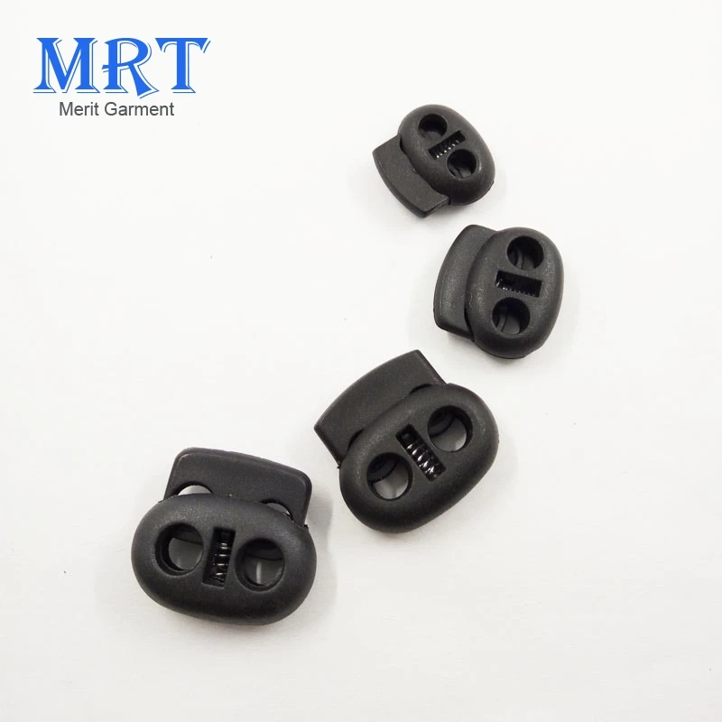 Factory Price Unique garment clothing accessories 14mm spring plastic cord stopper black 2 holes cord lock