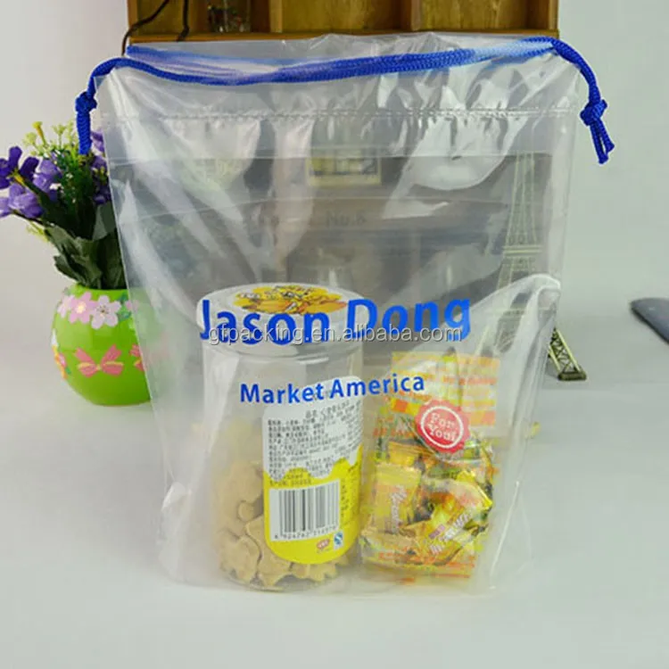 Пользовательский водонепроницаемый прозрачный пластиковый полиэтиленовый мешок на шнурке с принтом