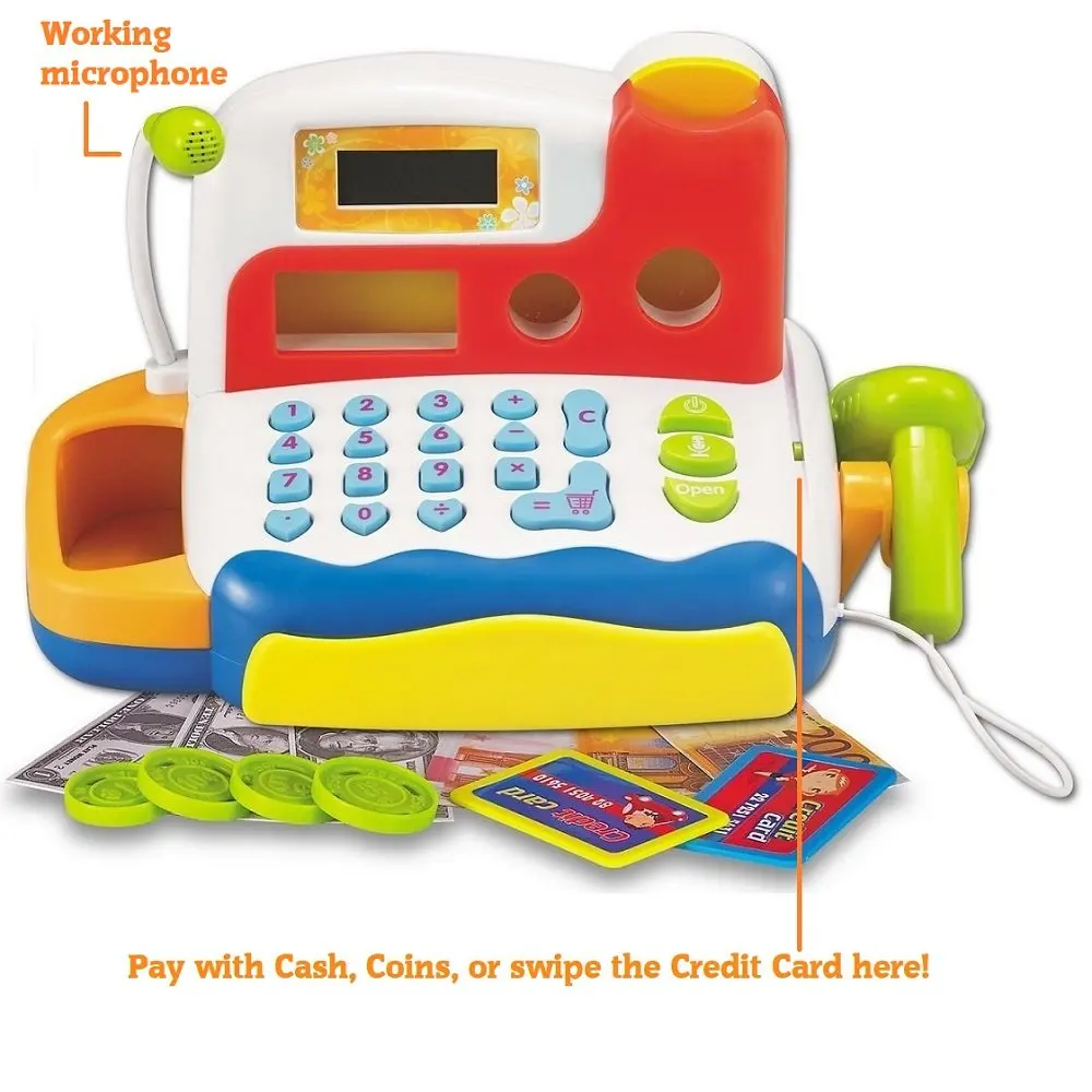 Durable Kids Cash Register Toy with Electronic Sounds, Microphone, Scanner, Calculator, and Pretend Play Food Set