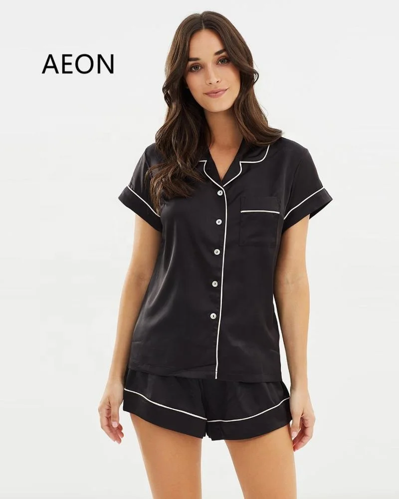 Luxury Blank Silky Satin Short Pyjamas Set For Women 2pcs Top and Shorts Pajama Set With Contrast Piping