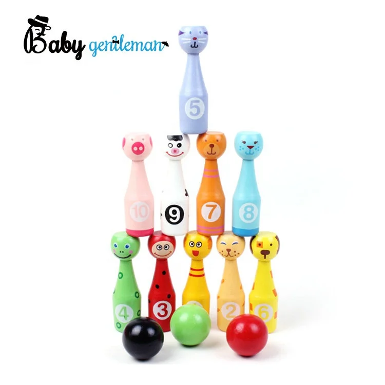 Hot selling kids indoor sports toy colorful cartoon animal wooden bowling set Z01316A