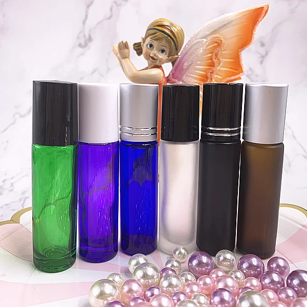 10ML amber glass roll on perfume bottle with silver lid and stainless steel roller ball