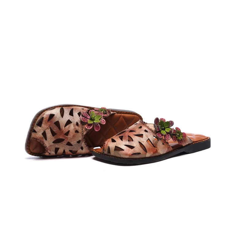 
New floral flower pattern hollow out fish mouth genuine leather comfortable casual sandal slipper for woman lady girl summer 