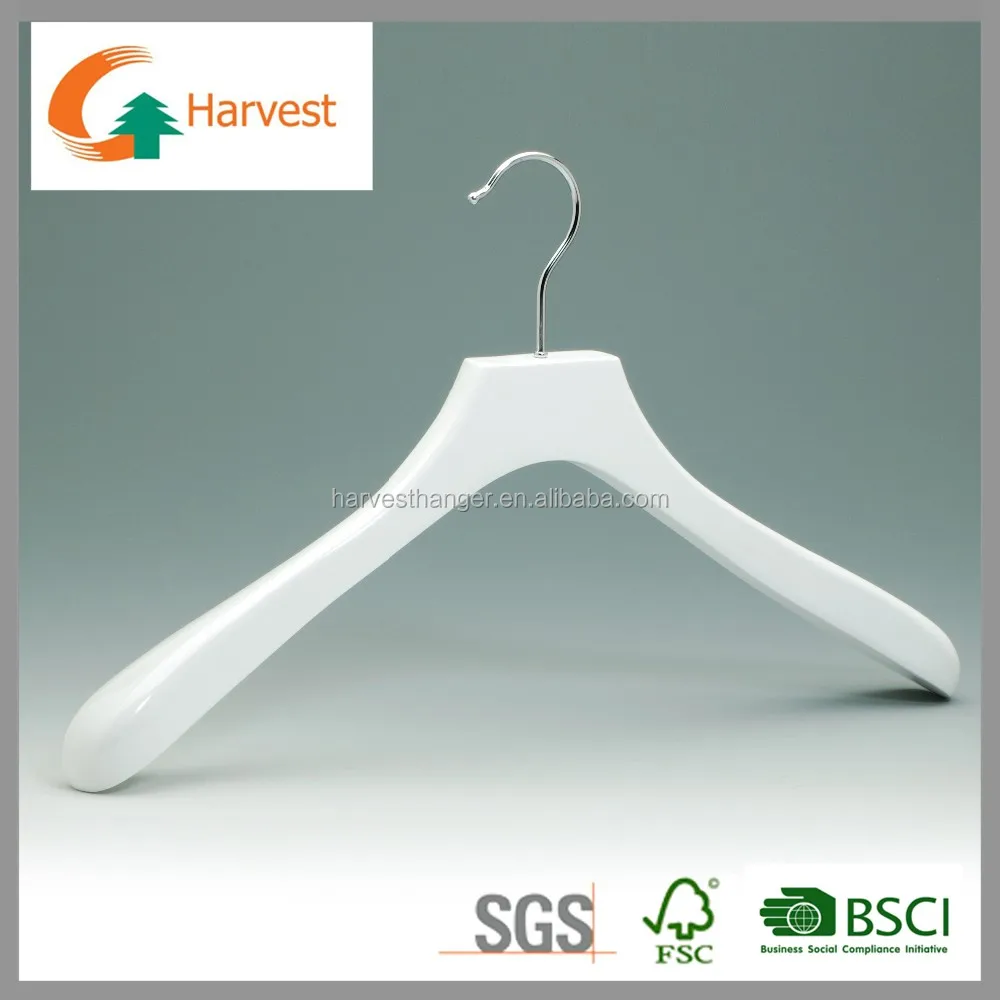 white glossy wood coat hanger with velvet shoulder