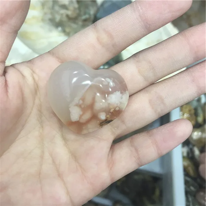 
Wholesale Natural Carved Sakura Agate Hearts Quartz Stone Heart For Pendant 