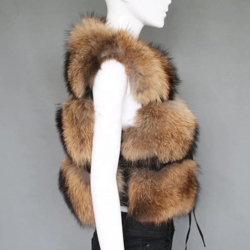 Natural color raccoon fur vest lady fashion real fur gilet short style 3 rows fur waistcoat