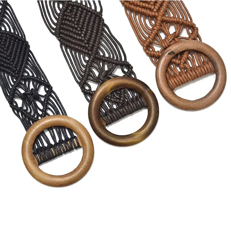 Women wax cord braided belt wooden buckle beaded weave belt ladies wooden beads wax rope mixed knit belt