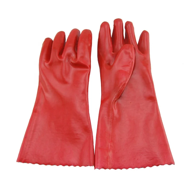 Long smooth finish jersey liner fully dipped red pvc gloves oil chemical resistant PVC industrial gloves