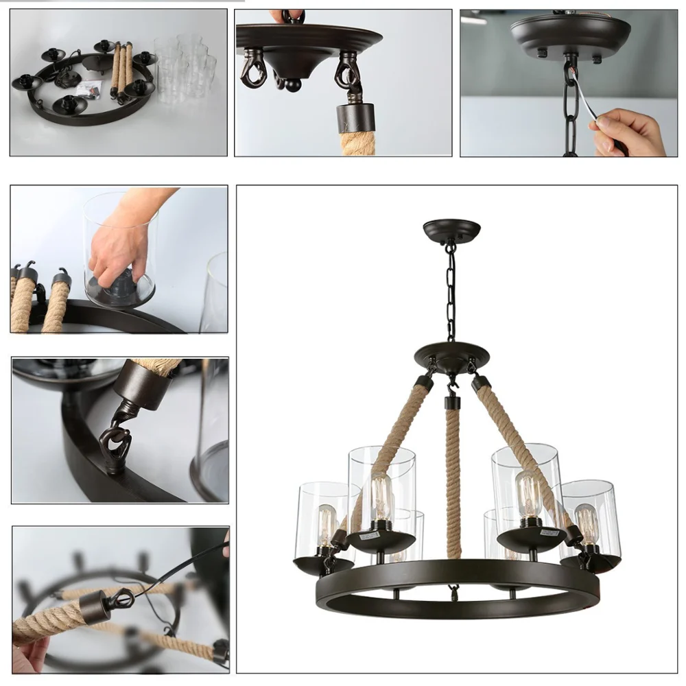 
EEA 5-Light Modern Kitchen Industrial Iron Pendant Lighting Blown Glass Chandelier 