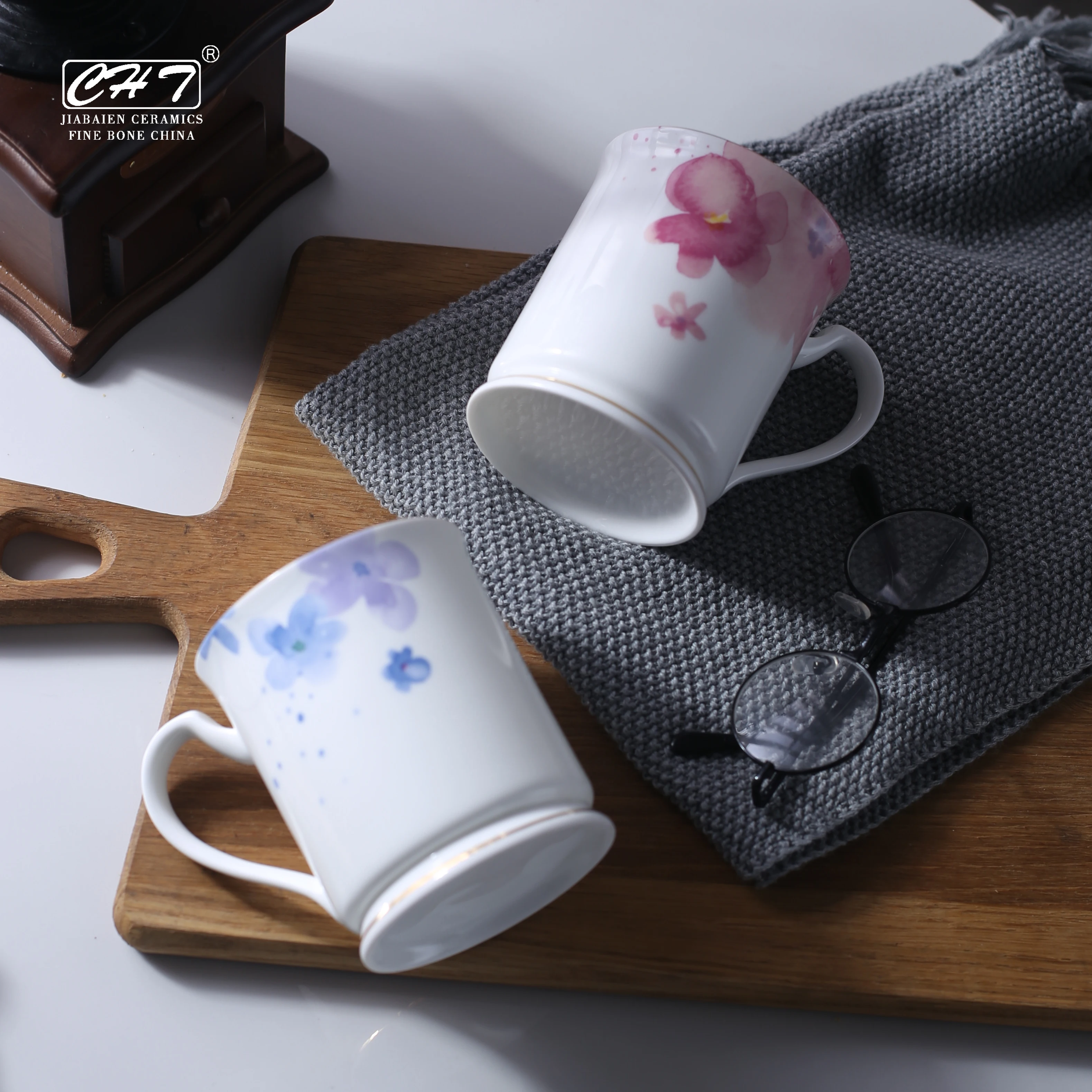 Factory direct sale office couple water cup rustic floral porcelain coffee tea mug cup