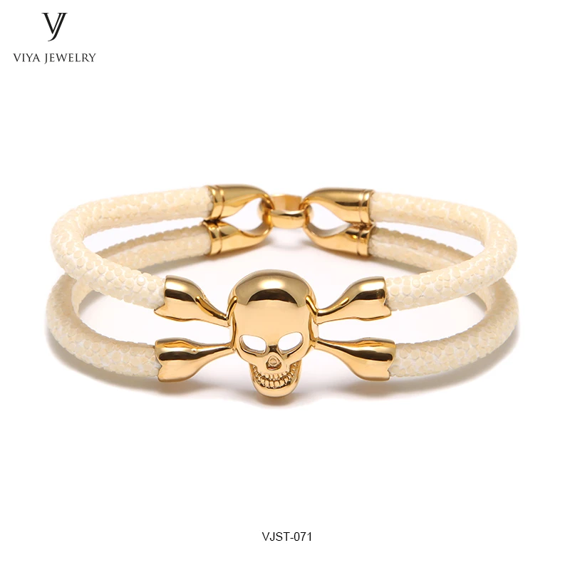 
Hot Sale Dongguan Bracelet Gift Promotional Stingray Leather Men Bracelet with Gold Skull 