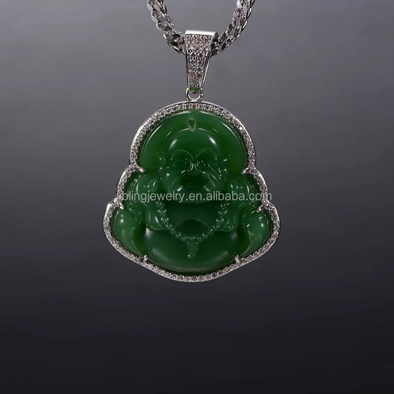 
Hip Hop Green Jade Buddha Pendant Necklace 
