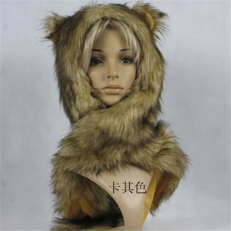 Fur Hood Hat with Ears Handmade Sewed faux plush scarf hat