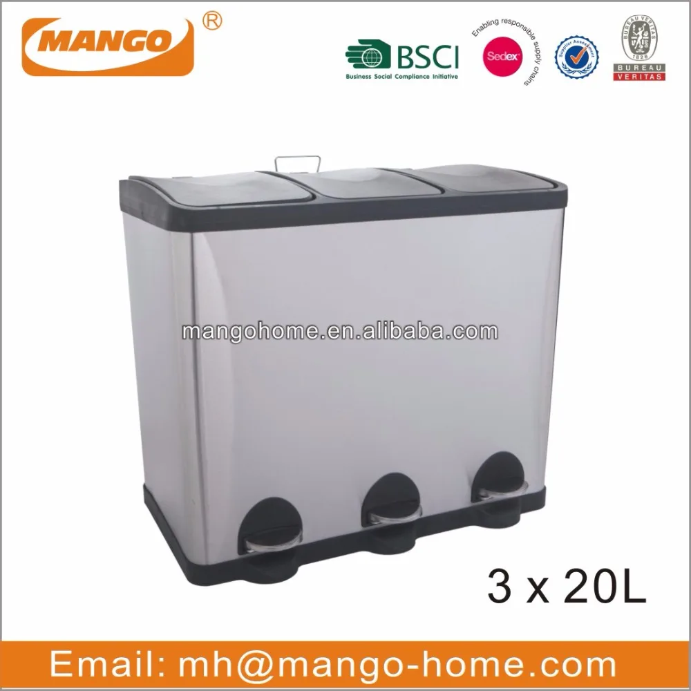 60L Rectangular Stainless Steel 3 Compartments Recycle Bin Recycle Waste Bin Trash Can Dust Bin