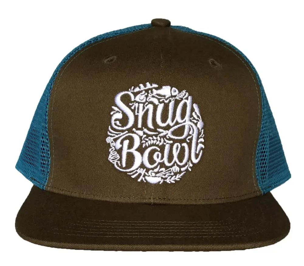 Light blue flat brim 6 panel trucker hat, Flat embroidery logo snapback style trucker cap, custom mesh snapback hat