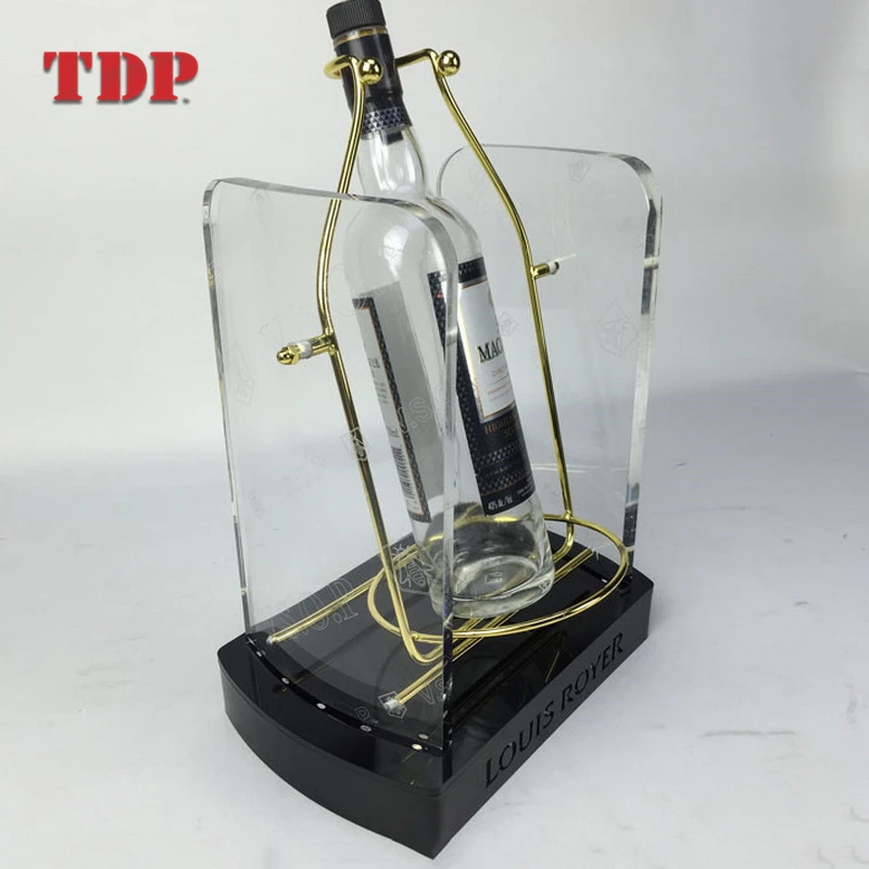 Custom LED Illuminant LOGO Vintage Port Liquor Display rack Acrylic Wine Bottle Holder with Metal Cradle