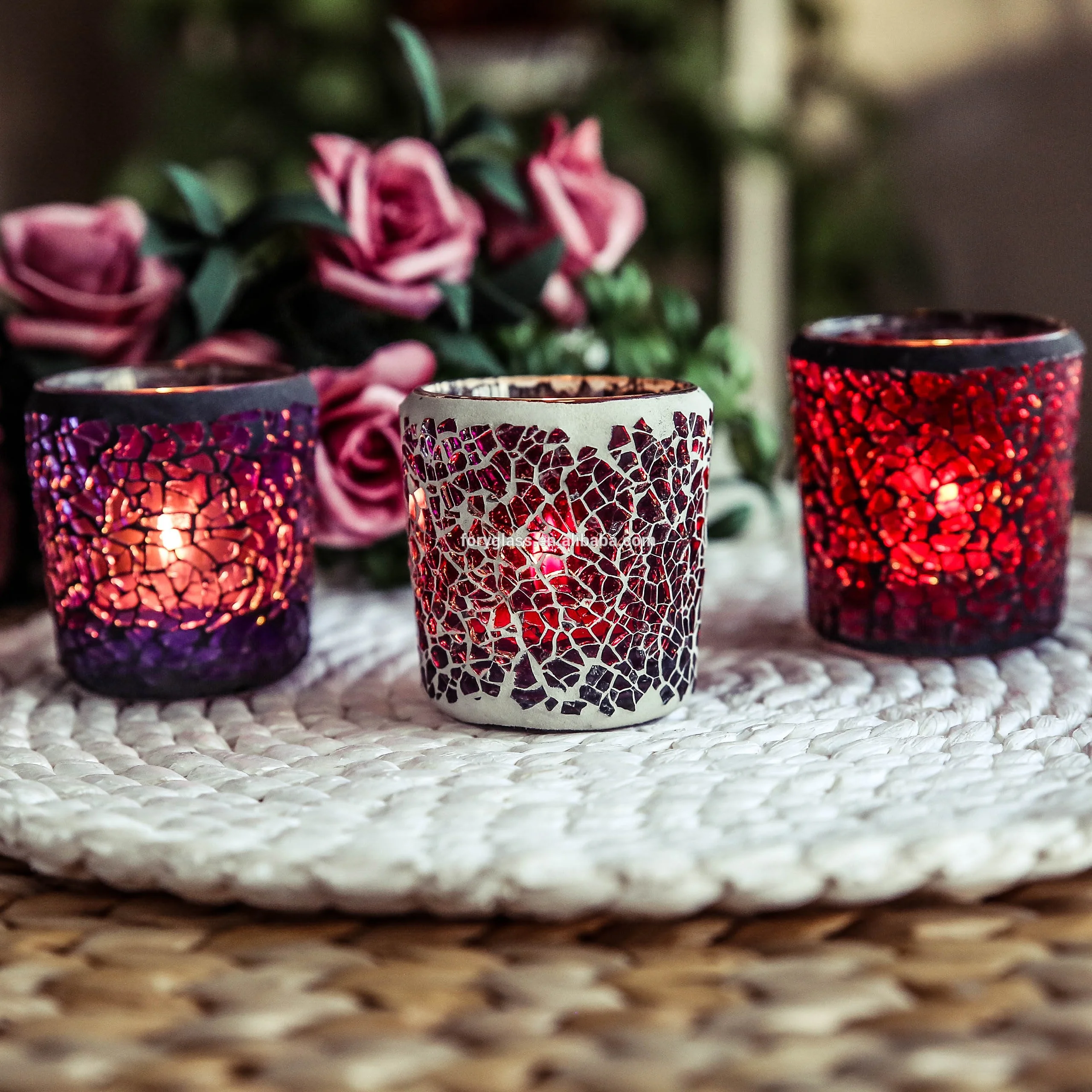 Hot selling mini glass mosaic tealight candle holders wedding decorative glass candles jars with lids