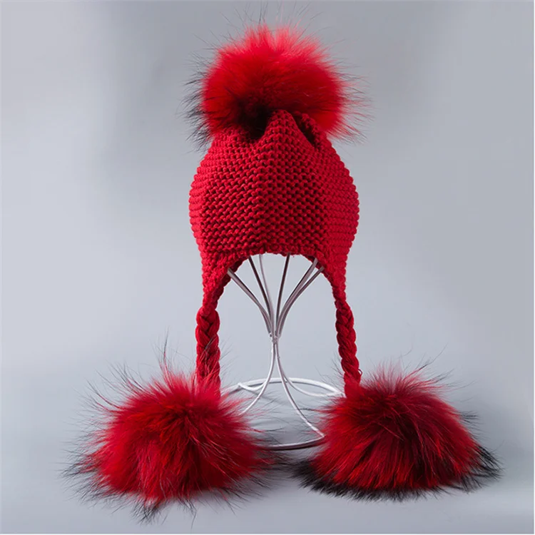 Raccoon Fur Hat Beanies Cap Crochet Children Knitted Hats/cute baby kids girl boy autumn winter fur hat