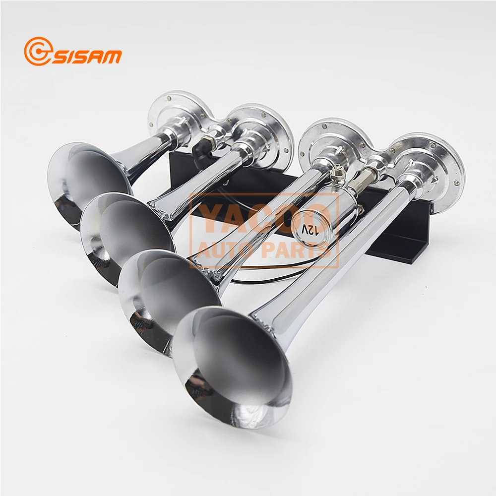 12V 150DB Chrome Silver Car Truck Train Air Horn with 4 Trumpet Ultra Loud Sound Gas Pressured Horns