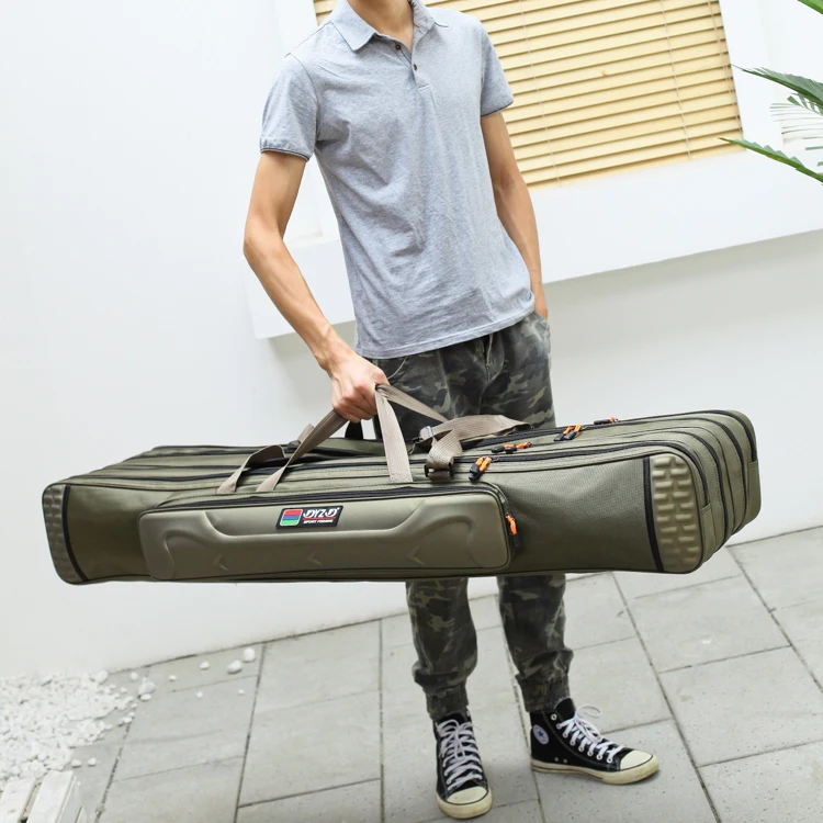 3 layers camouflage canvas waterproof spacious wheel-mounted folding fishing rod bag
