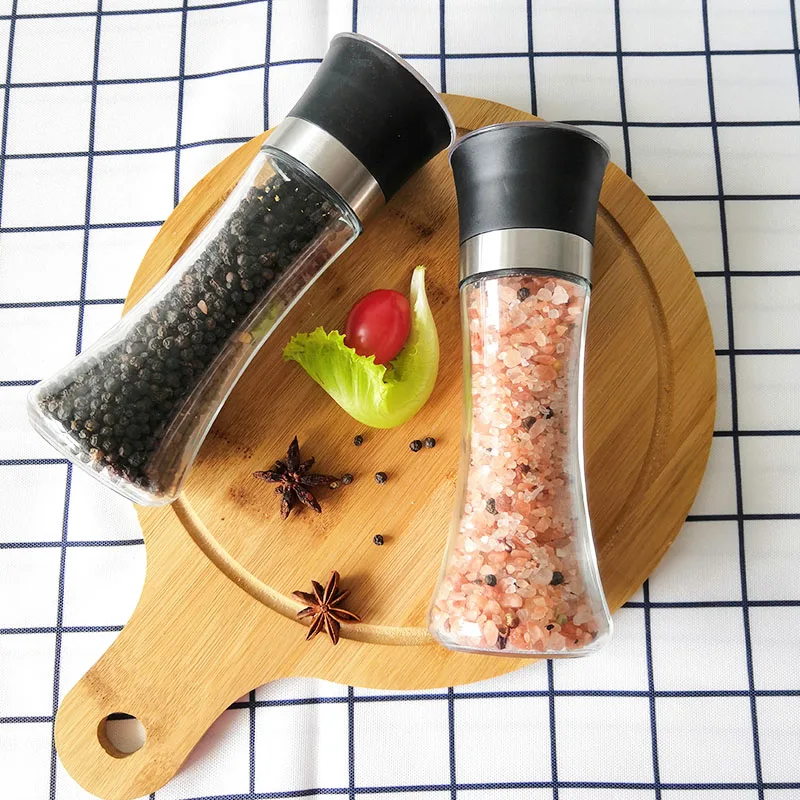 Pepper Mill with Adjustable Coarseness, Ceramic Pepper Grinder Refillable, Glass Spice & Sea Salt Shaker with Stand