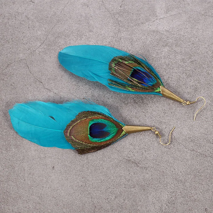 Fashion jewelry long blue peacock feather sexy earrings
