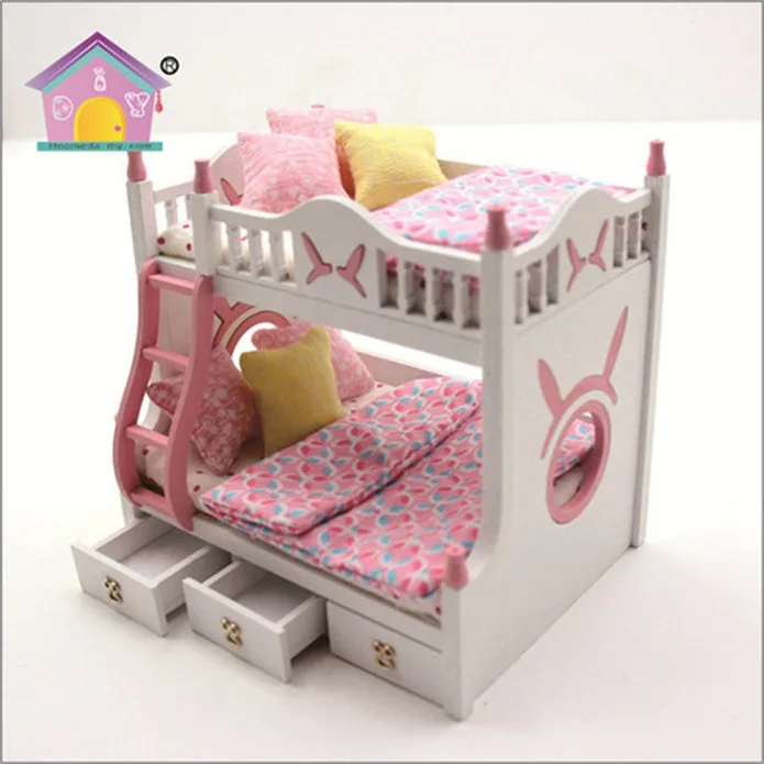 Children furniture bunk bed pink dolls house furniture mini toy doll house furniture 1/18 scale cheap