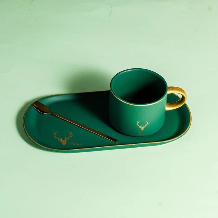 Fancy design green glazed golden handle coffee cups bulk porcelain tea set for restaurant