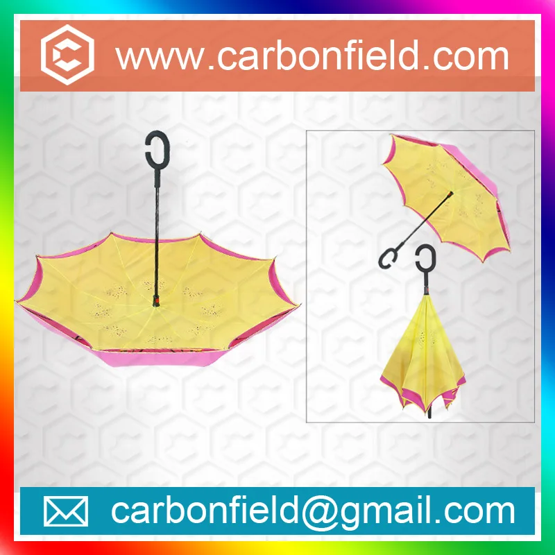 Windproof Reverse Folding Double Layer Inverted Umbrella and Self Standing Inside Out Rain Protection Umbrella with C-shaped Han