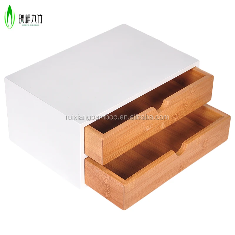 Белый Настольный органайзер, Штабелируемый бамбуковый ящик для хранения с 2 ящиками