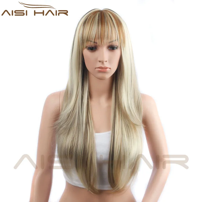Aisi Hair Wholesale Price Long Silky Straight Wigs Heat Resistant Synthetic Mixed Blonde Wigs With Neat Bang For Women