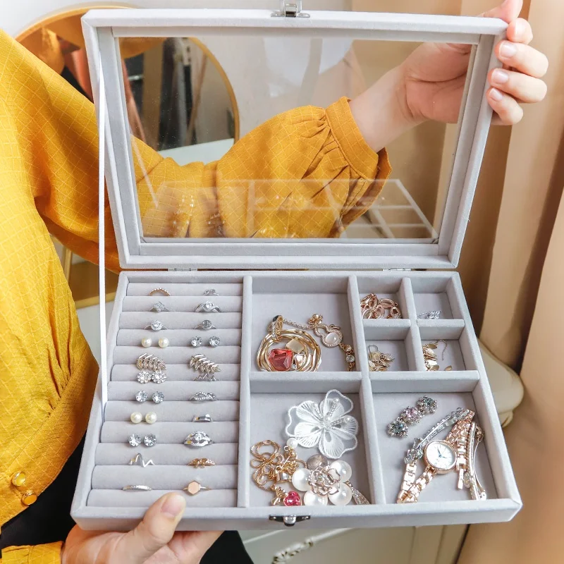 
Glass flannelette Acrylic Tray Showcase Display Ring Luxury Storage Boxes Organizer Velvet Jewelry Box 