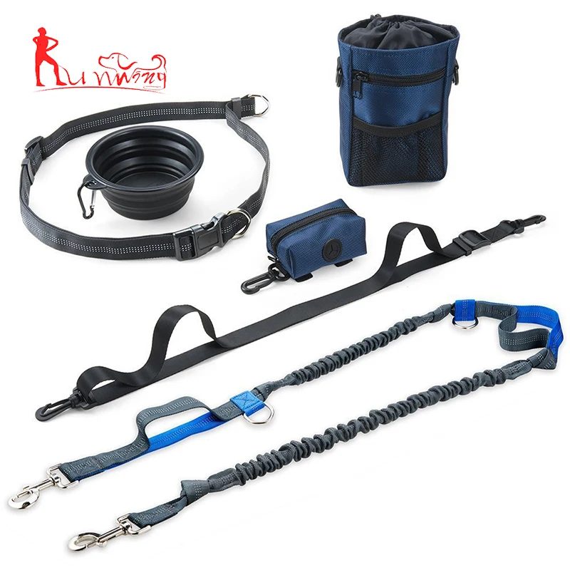 Premium Hands Free Running Lead Dual Bungees with Waist Belt , Training Treat Pouch, Hands Free Dog Leash Set for Walking Hiking