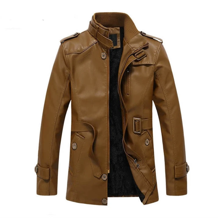 Winter Stand Collar Fleece PU Leather Jacket for Men in Stock