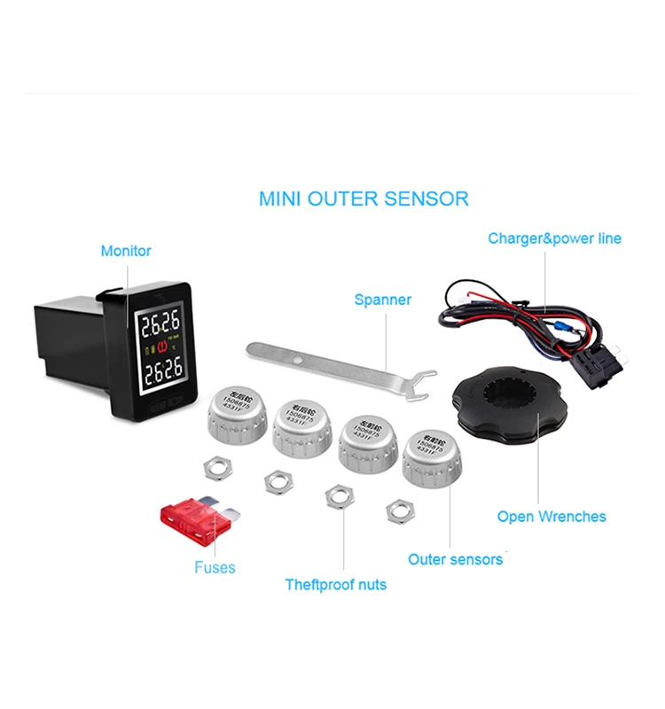 Car Tpms with LED Display 4 tires internal external sensors, tire pressure tire gauge