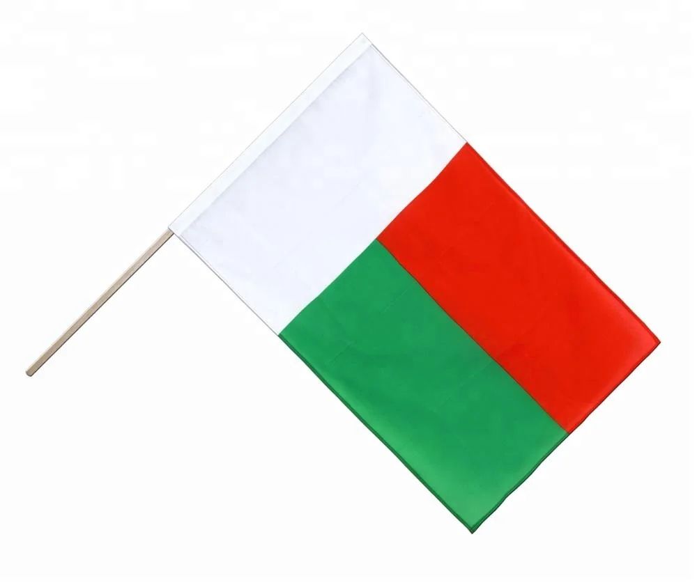 Factory Custom Madagascar Hand Flag with Stick Cheap Polyester Satin Burlap Material for Travel Agencies