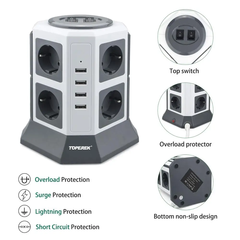 Tabletop socket tower with USB, power supply adapter/ multi outlet plug power strips