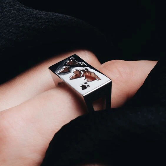 Gemnel dainty 18K gold fine jewelry earth map signet world adjustable ring