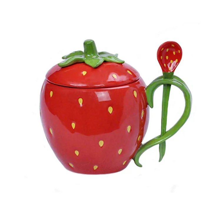 Cute Fruit Strawberry Shaped Ceramic Mug, Water Tea, Coffee Cup Mug Set with Lid Spoon