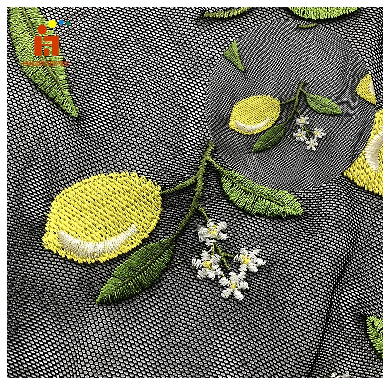 lemon design multi color flat embroidery stretched mesh fabric for lady dress