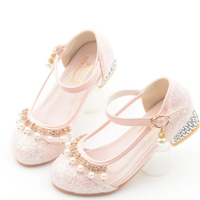 KS0800 Nice transparent design kids party shoes square heel girls diamond shoes