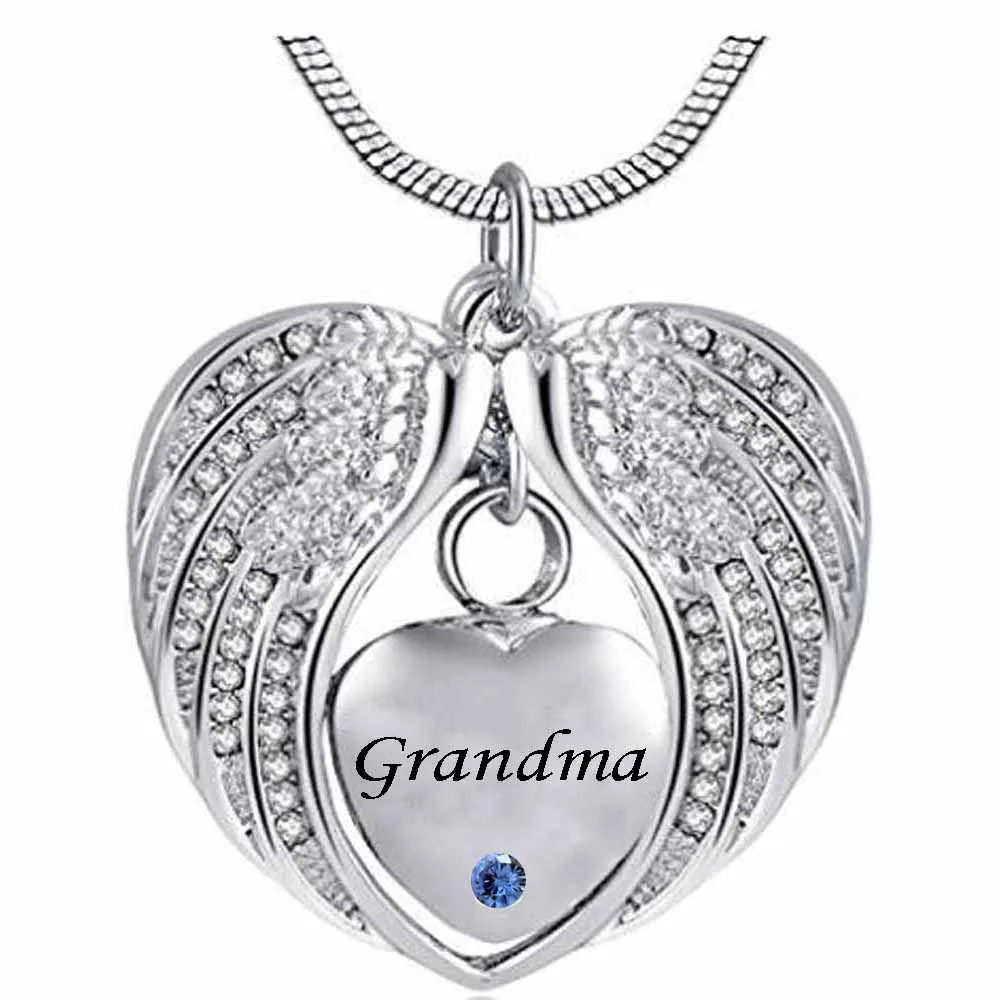 Cremation Jewelry Angel Wing birthstone Grandma Heart Pendant Memorial Urn Necklace